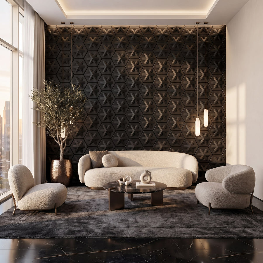 Asterisk Hexagon 3D Leather Wall Panel in Black