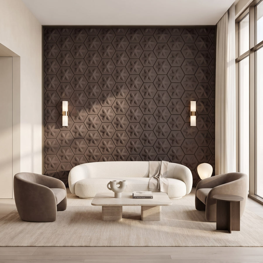 Asterisk Hexagon 3D Leather Wall Panel in Dark Brown