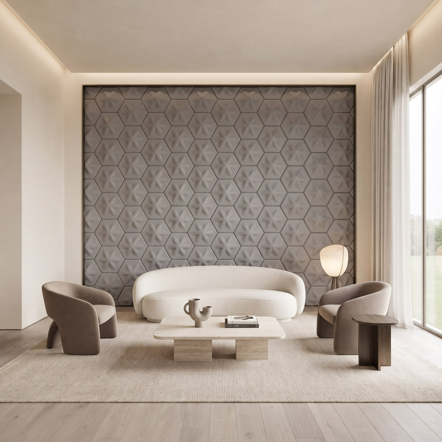 Asterisk Hexagon 3D Leather Wall Panel in Grey