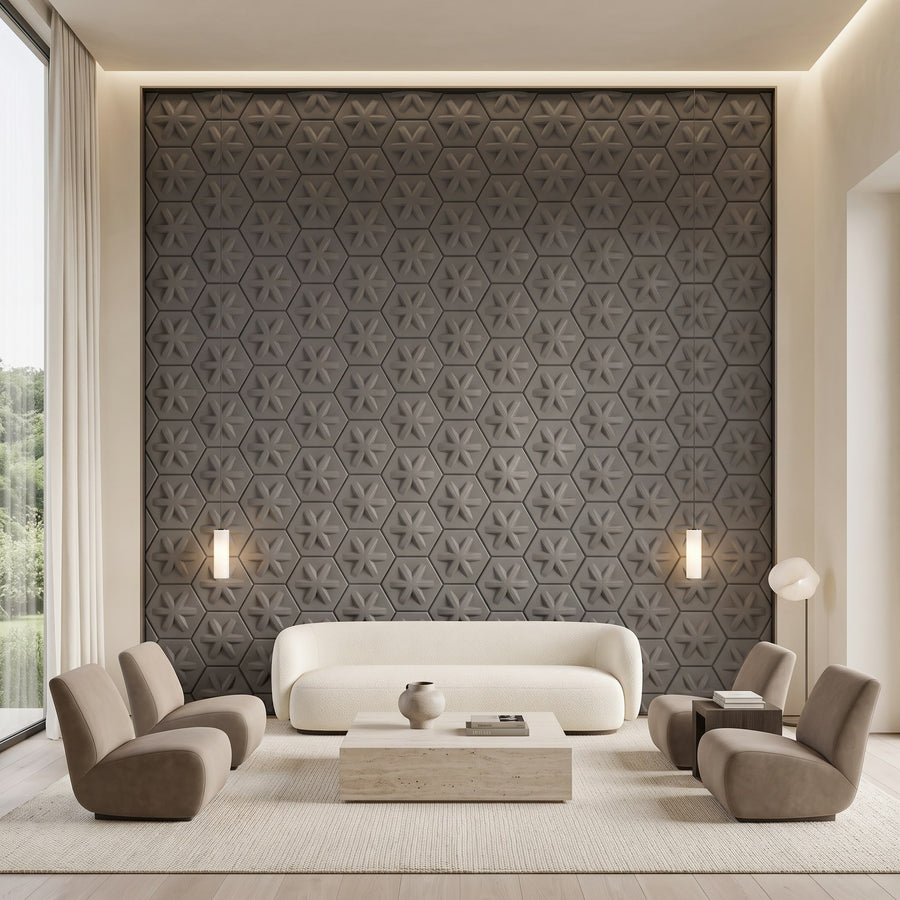 Asterisk Hexagon 3D Leather Wall Panel in Charcoal Grey