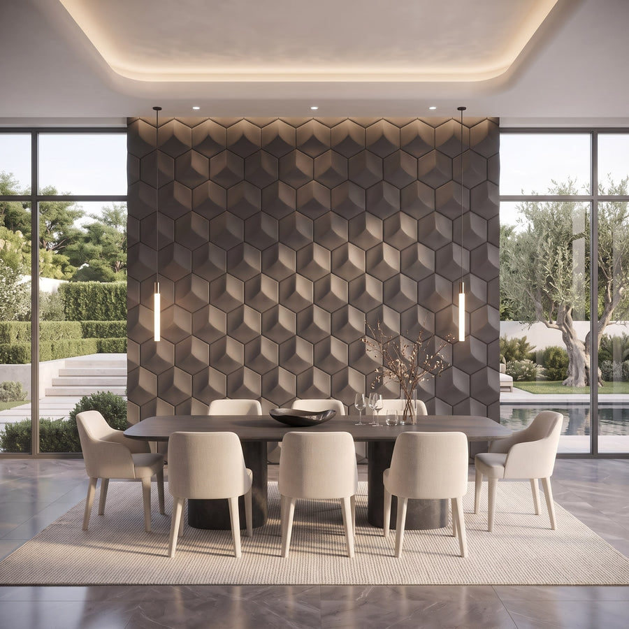 Cubed Hexagon 3D Leather Wall Panel in Charcoal Grey