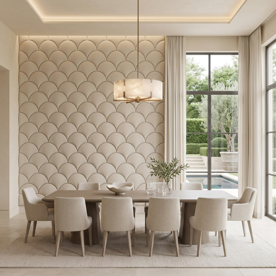 Mermaid Scales Geometric 3D Leather Wall Panel in Beige White