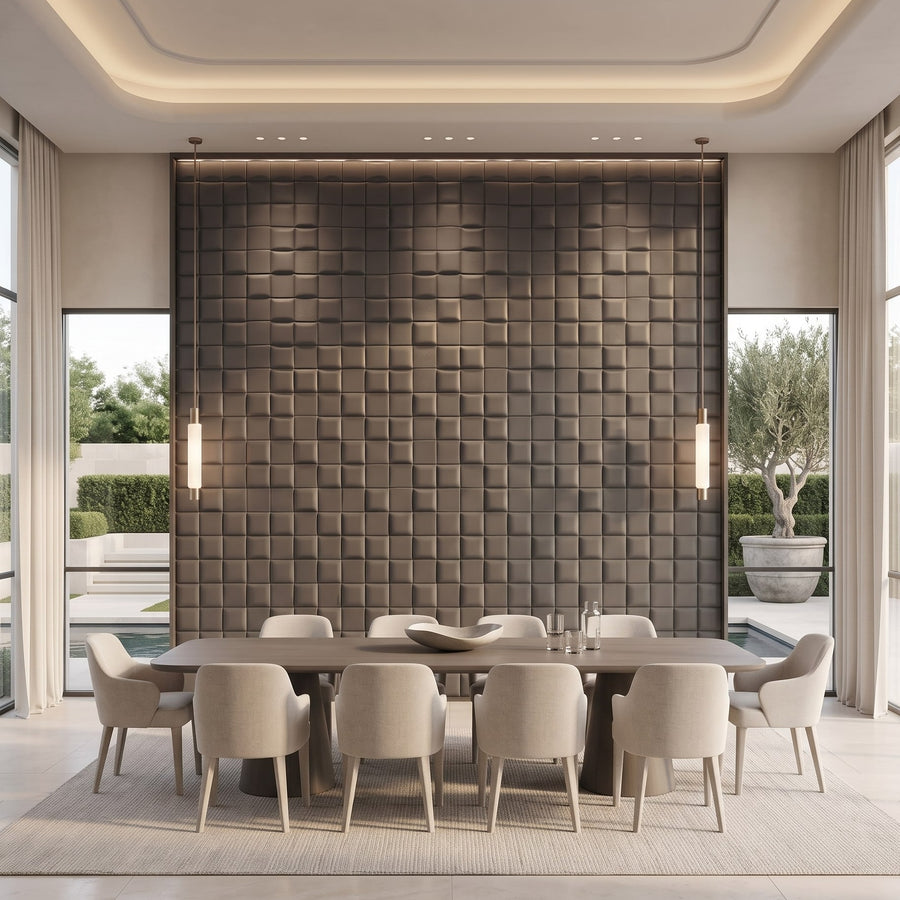 Tetris Square 3D Leather Wall Panel in Charcoal Grey