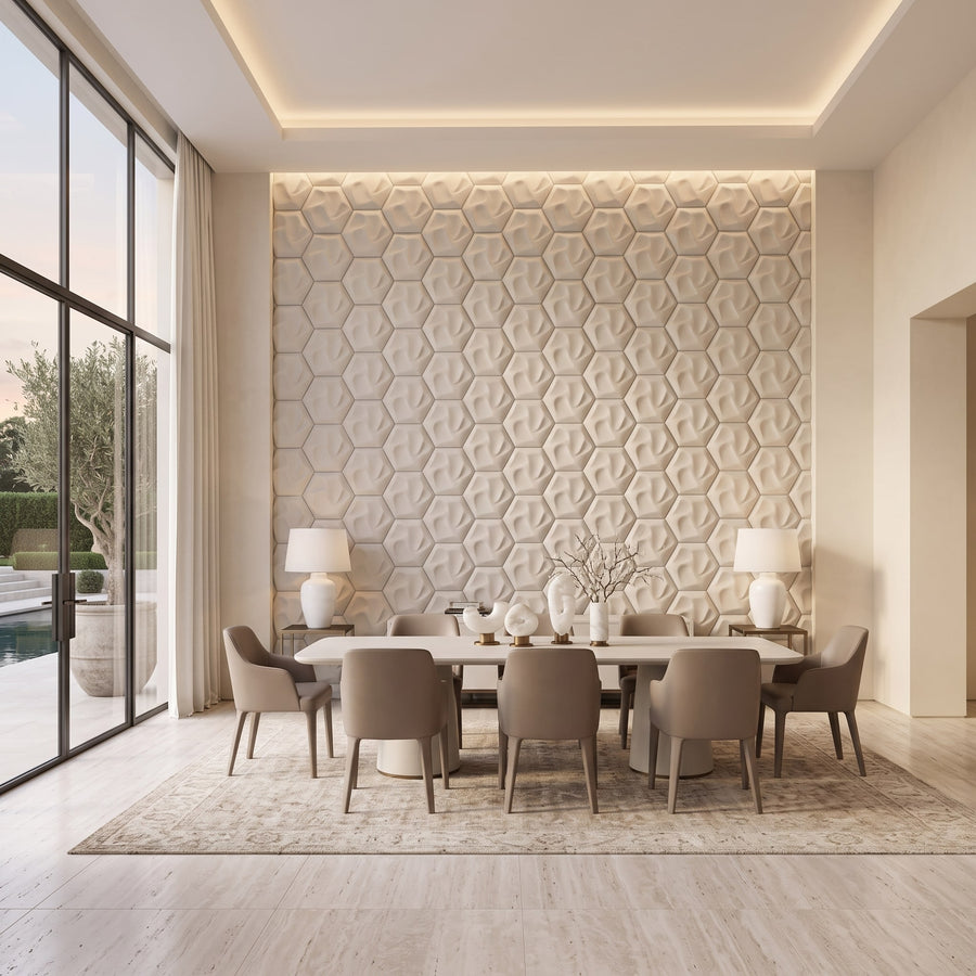 Speck Hexagon 3D Leather Wall Panel in Beige White
