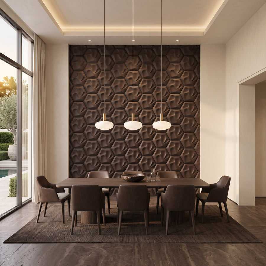 Speck Hexagon 3D Leather Wall Panel in Dark Brown