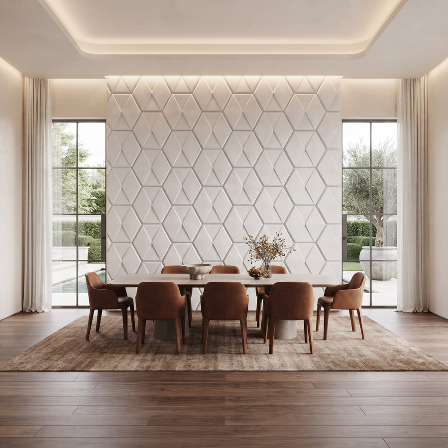 Diamond Tile Hexagon 3D Leather Wall Panel in Classic White