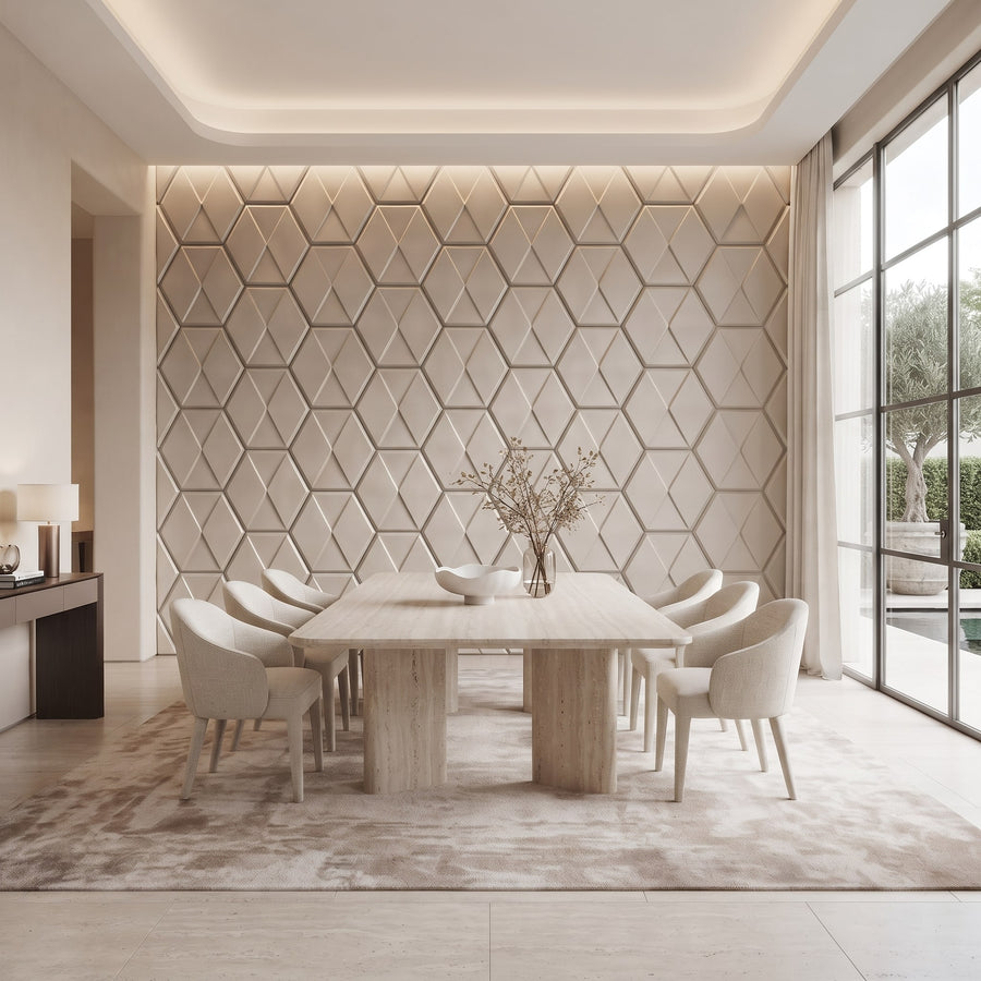 Diamond Tile Hexagon 3D Leather Wall Panel in Beige White