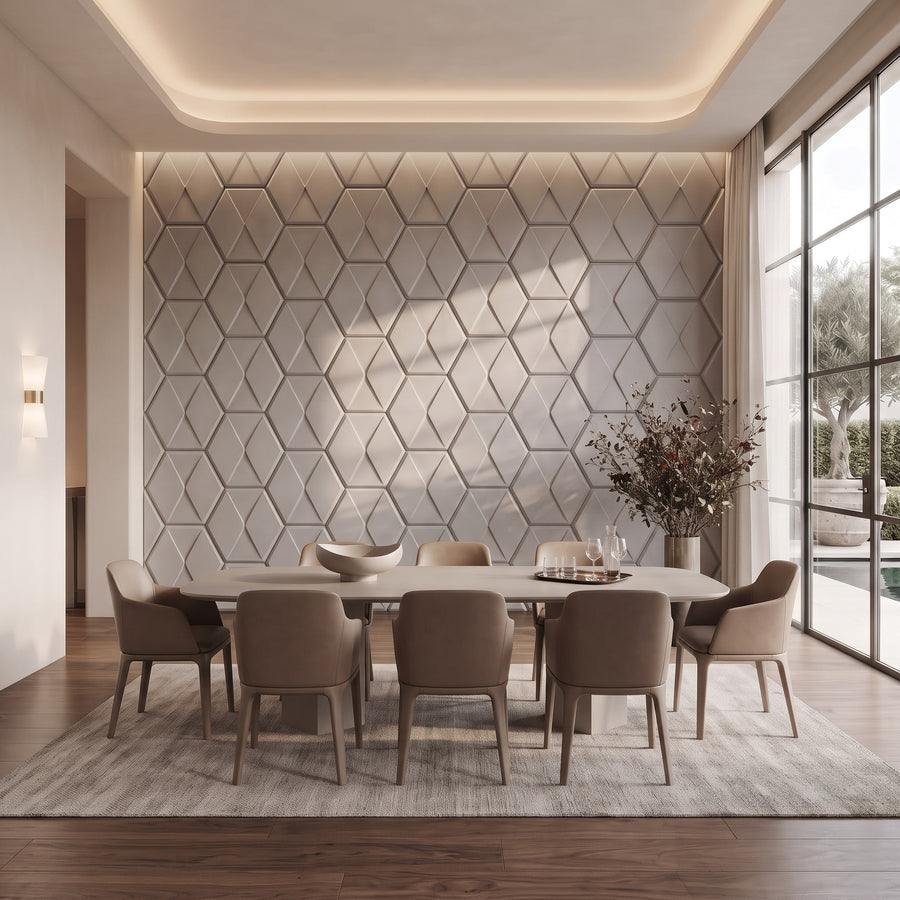 Diamond Tile Hexagon 3D Leather Wall Panel in Light Grey