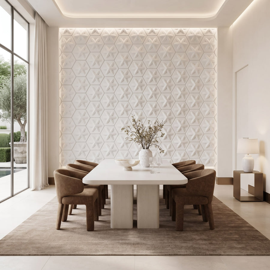 Asterisk Hexagon 3D Leather Wall Panel in Classic White