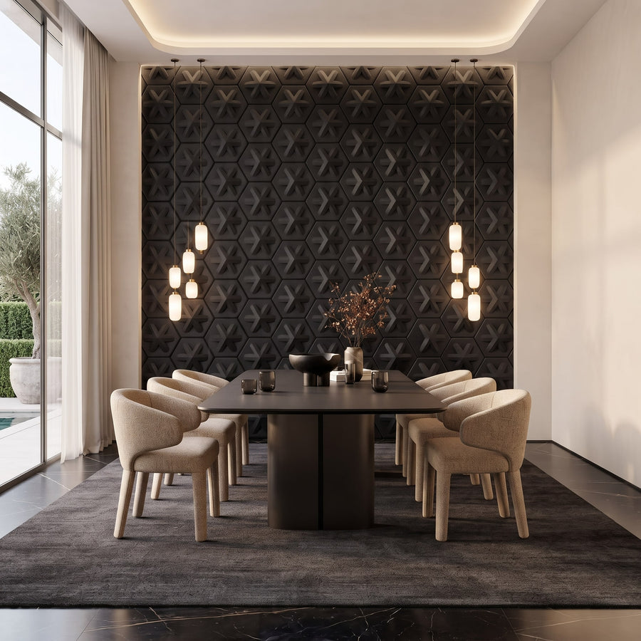 Asterisk Hexagon 3D Leather Wall Panel in Black