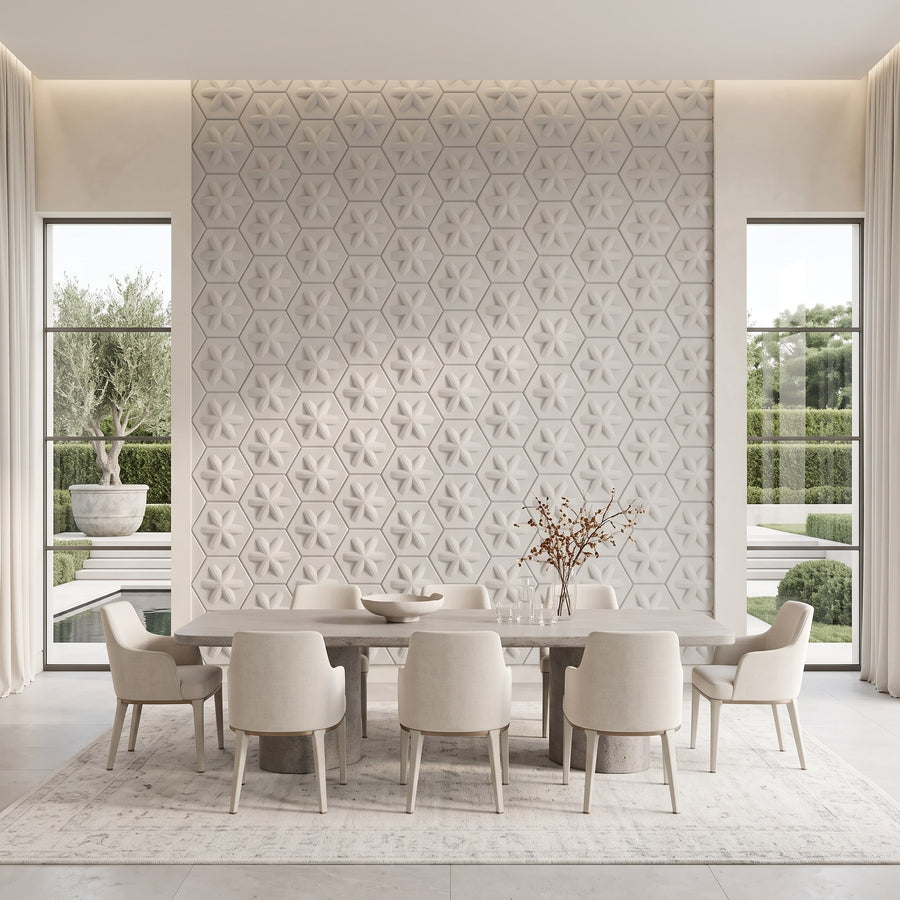 Asterisk Hexagon 3D Leather Wall Panel in Light Grey