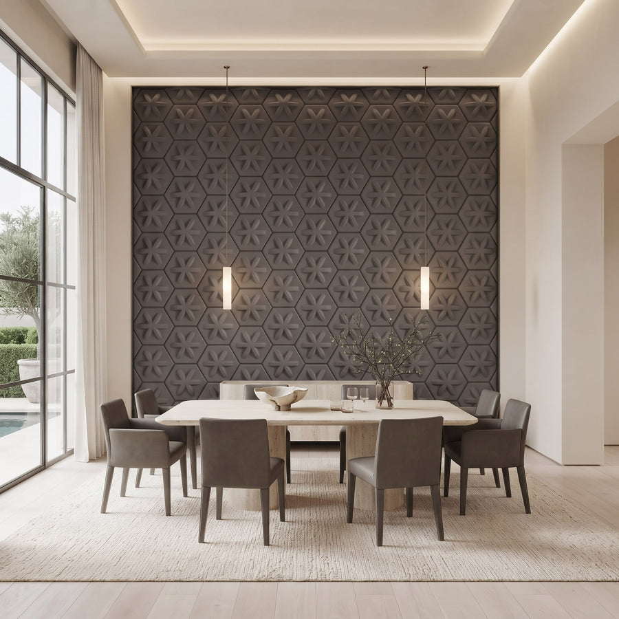 Asterisk Hexagon 3D Leather Wall Panel in Charcoal Grey