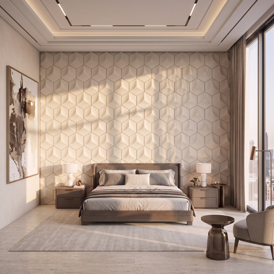 Cubed Hexagon 3D Leather Wall Panel in Beige White