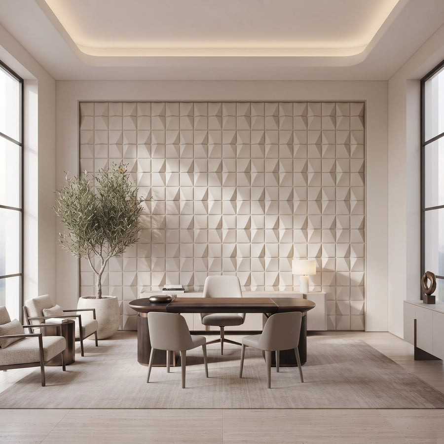 Flawless Square 3D Leather Wall Panel in Beige White