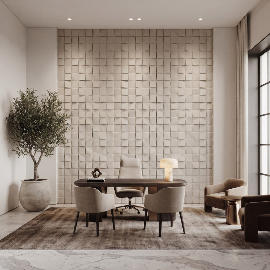 Ubiquitous Square 3D Leather Wall Panel in Beige White