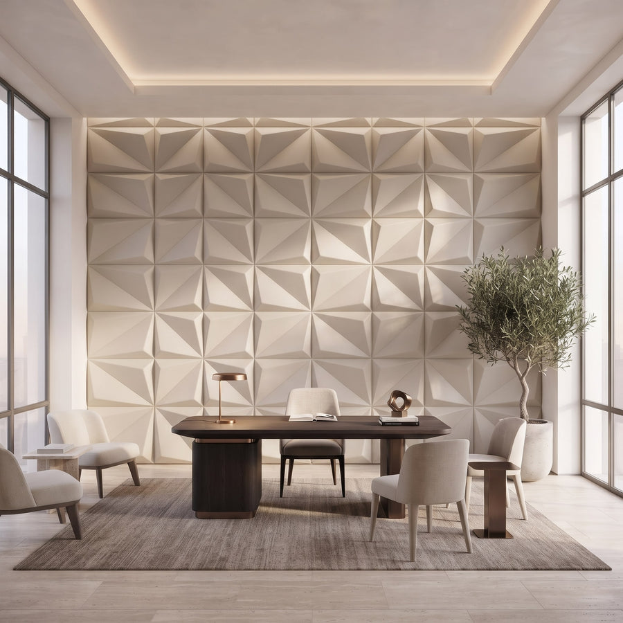 Leaves Square 3D Leather Wall Panel in Beige White
