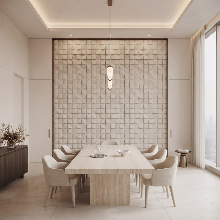 Ubiquitous Square 3D Leather Wall Panel in Beige White