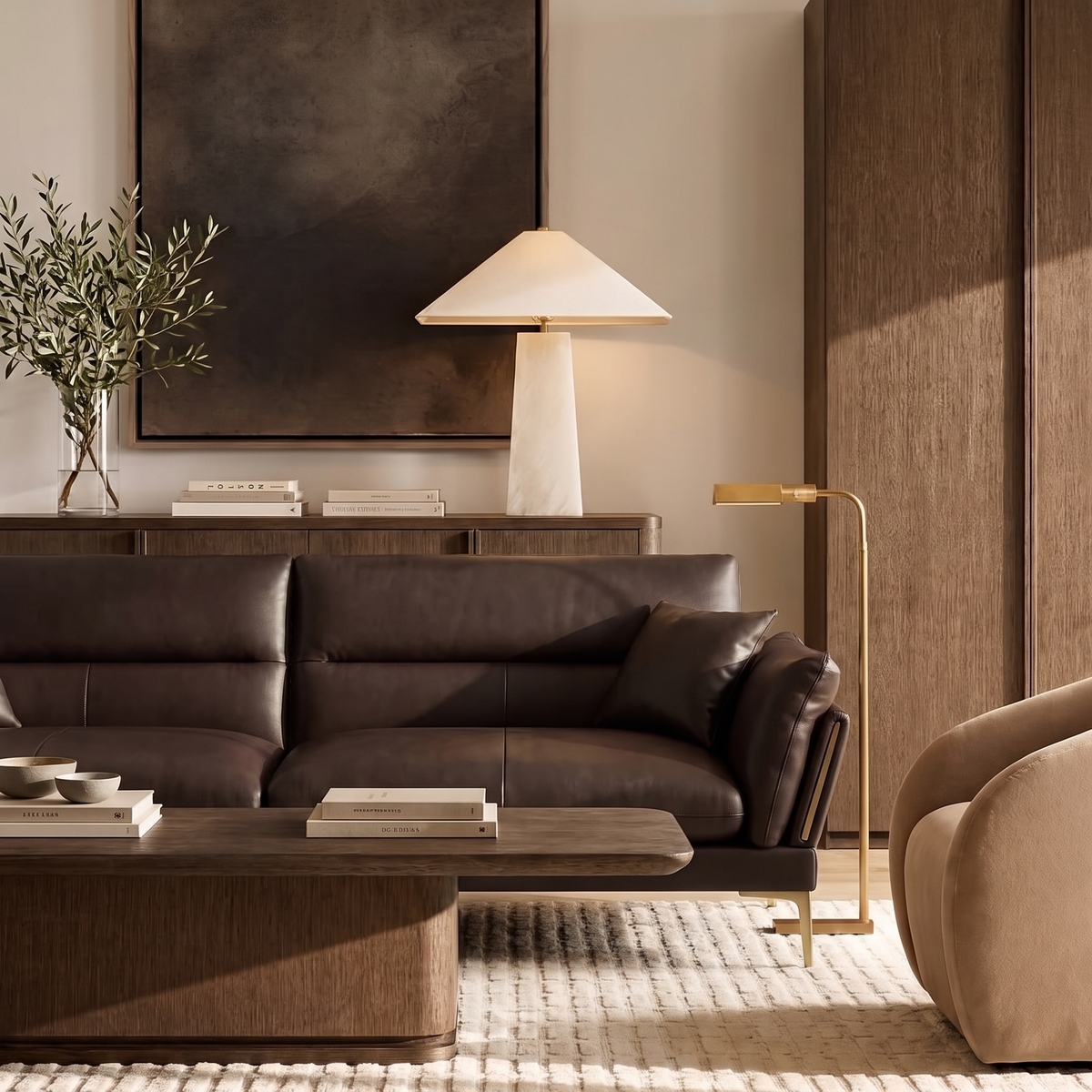 The Modern Italian sofa in espresso top-grain leather in a warm wood-panelled room