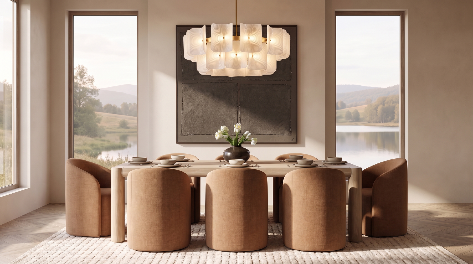 Curved back dining armchairs in cream bouclé around a solid oak table