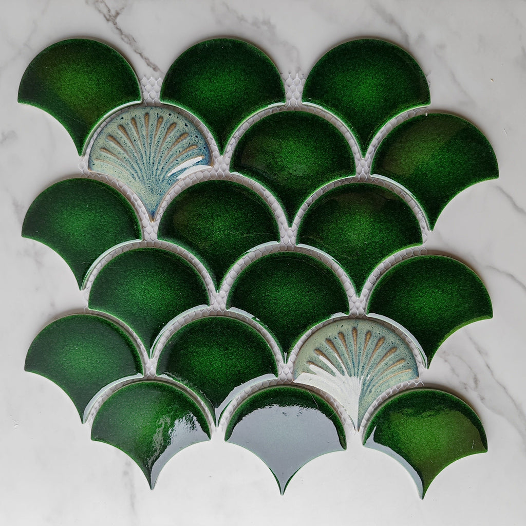 Fan Tile Texture Green Patterned Fan Shaped Mosaic Tile – Articture