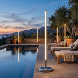 Lamps beside a pool at dusk