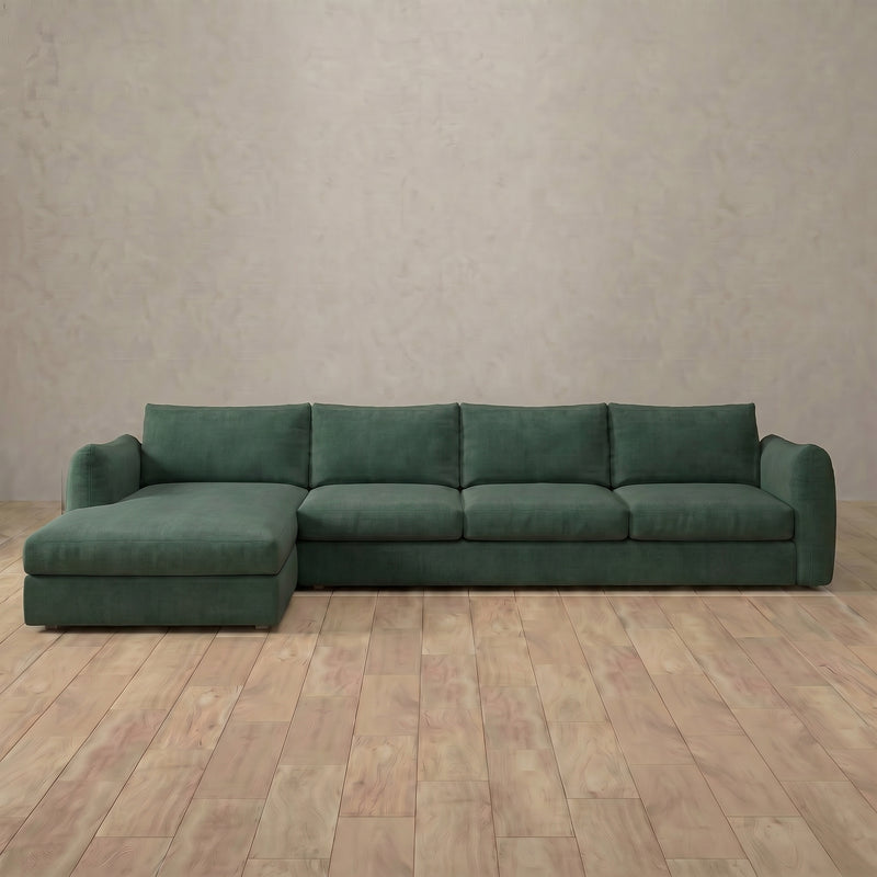 Linen Blend::ontemporary Italian Sofa 4 Seater- Right Facing with Chaise Forest Green Linen Blend 5:LB