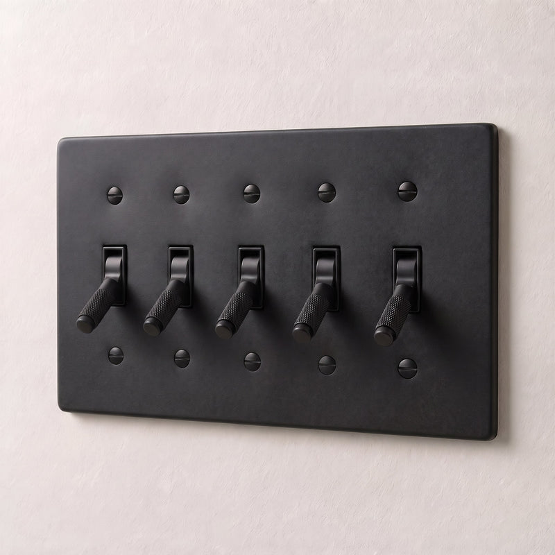 Brass 4-Way Toggle Switch — 5 Gang · Night Black