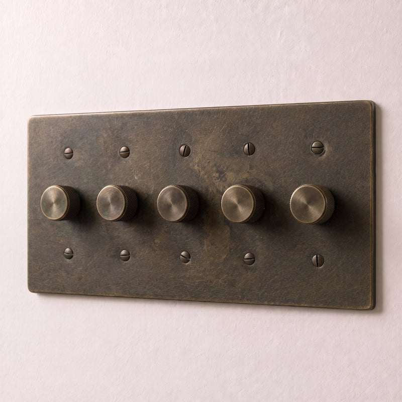 Brass 3-Way Rotary Dimmer Switch — 5 Gang · Bronze with Patina