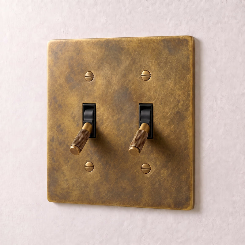 Brass 4-Way Toggle Switch — 2 Gang · Vintage Brass with Patina