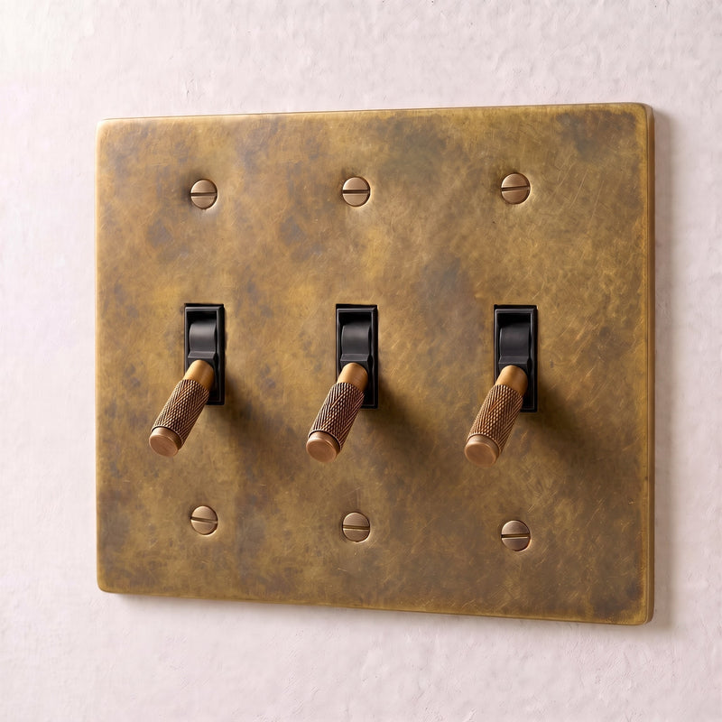 Brass 4-Way Toggle Switch — 3 Gang · Vintage Brass with Patina
