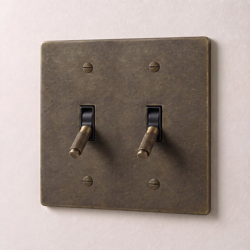 Brass 4-Way Toggle Switch — 2 Gang · Bronze with Patina
