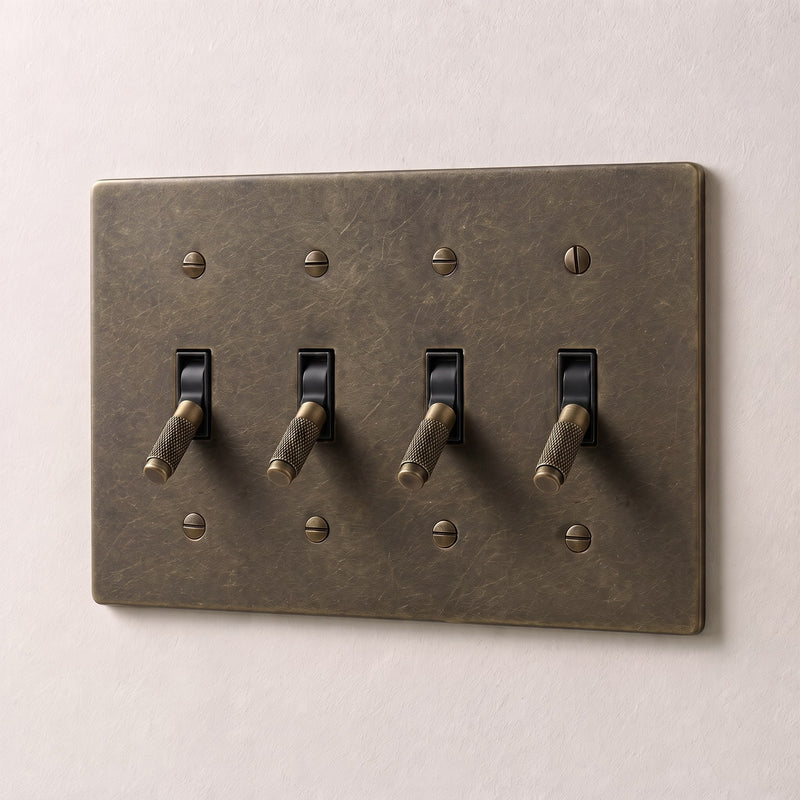 Brass 4-Way Toggle Switch — 4 Gang · Bronze with Patina
