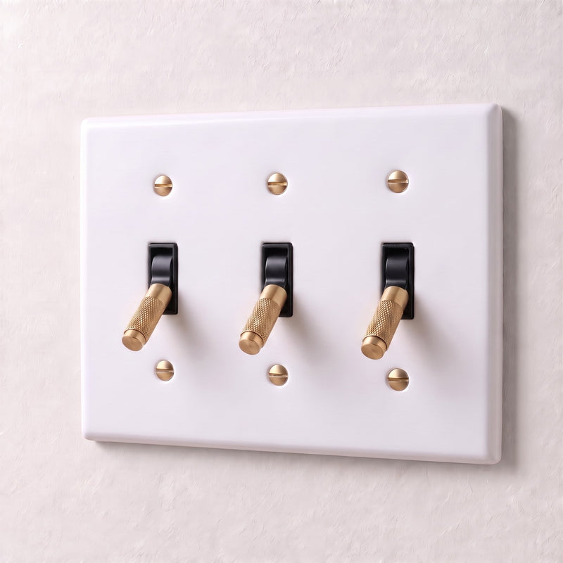 Brass 4-Way Toggle Switch — 3 Gang · White with Brass
