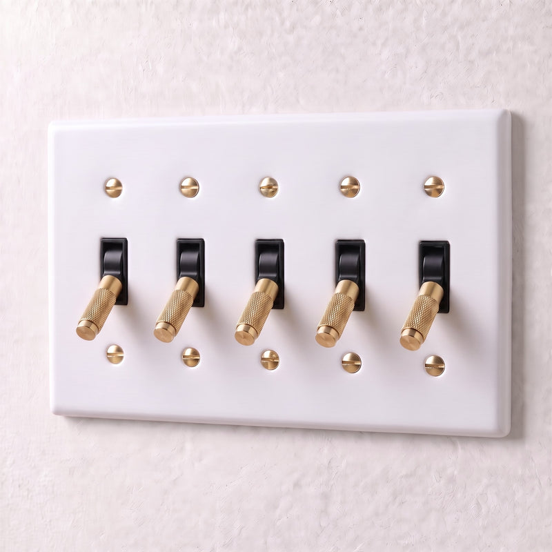 Brass 4-Way Toggle Switch — 5 Gang · White with Brass
