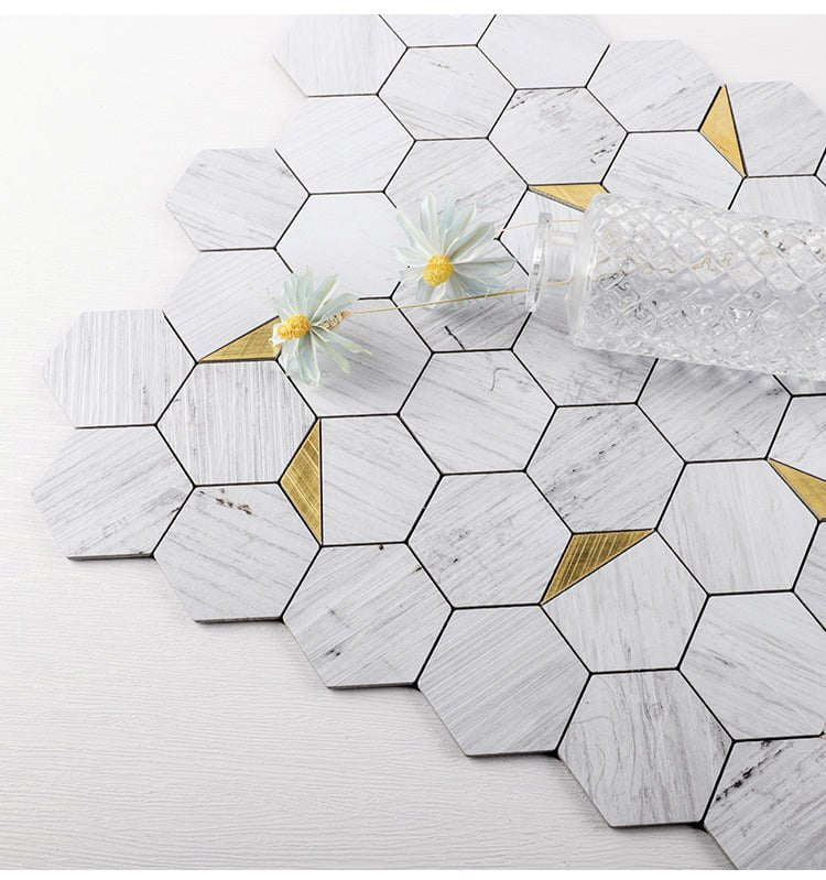 Marble Gold Hexagon Mosaic Tile Decal (Set of 22)