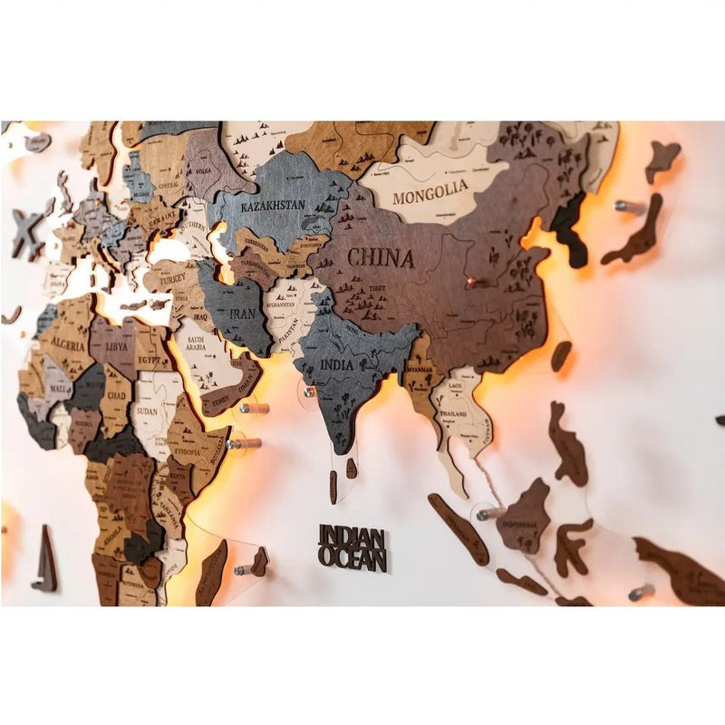 Illuminated 3D LED Wooden World Map