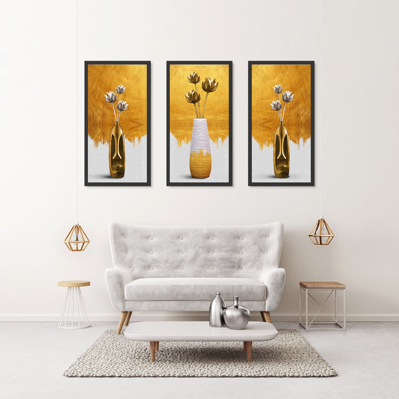 Gold Flower Vase Triptych Canvas Art