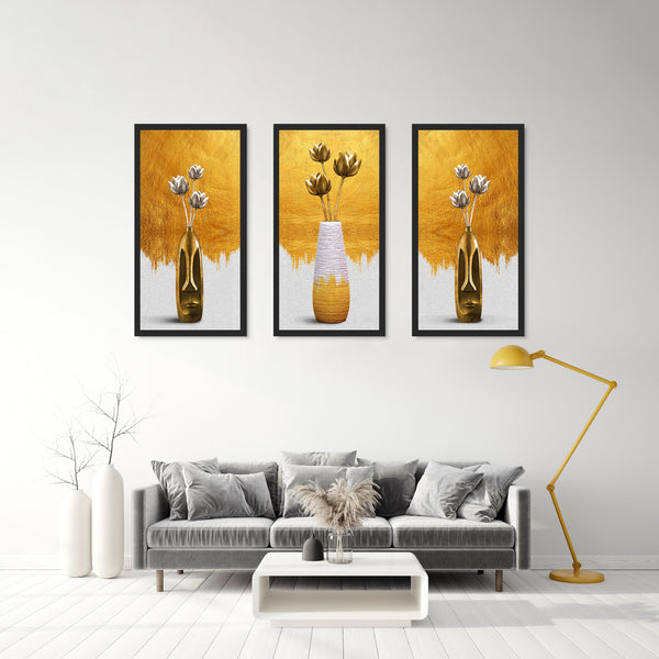 Gold Flower Vase Triptych Canvas Art