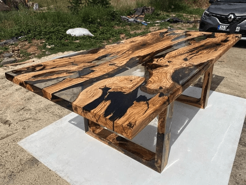 Space Olive Wood Slab Epoxy Table - On Wooden