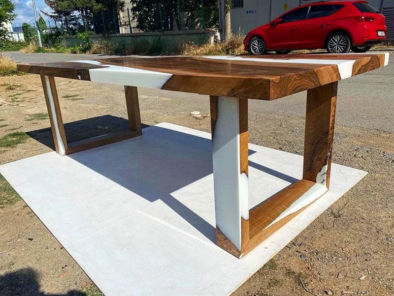 White Solid Wood Epoxy Table