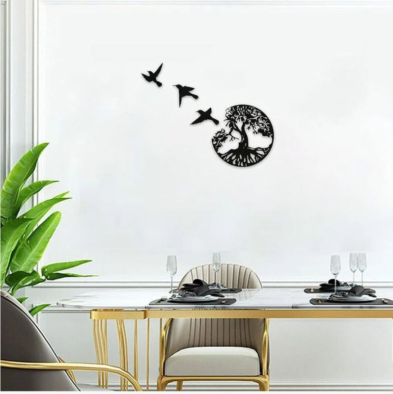 Flock of Flying Birds on Tree Metal Wall Art